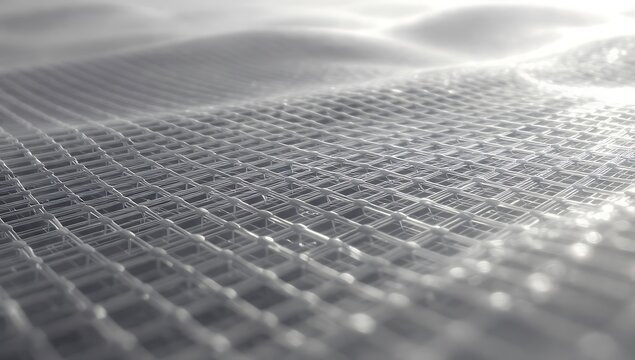 Abstract 3D render of a waving white glass grid texture with bright light reflections. Futuristic nanotechnology material structure, elegant clear geometric lattice, or tech backdrop.