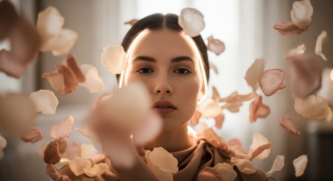 Woman surrounded by floating petals