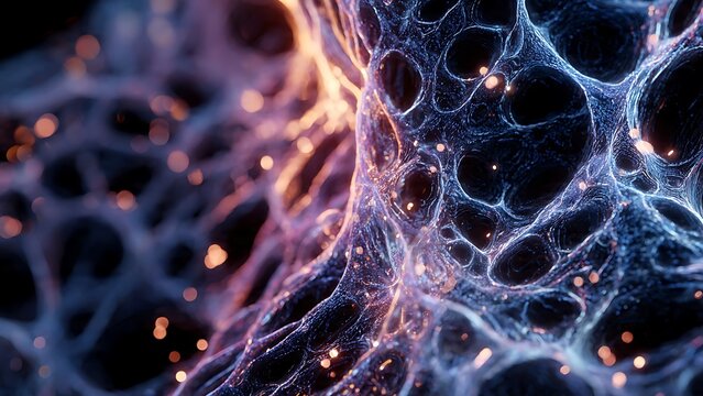 Abstract 3D digital render of microscopic fibrous tissue and cell networks. Futuristic organic web texture with glowing orange particles and blue biological membranes, macro closeup.