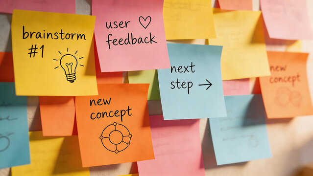 Colorful sticky notes with brainstorming ideas