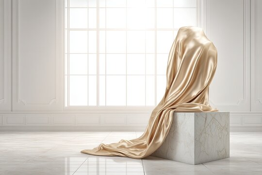 Champagne gold silk charmeuse fabric draped over a marble pedestal near a large window