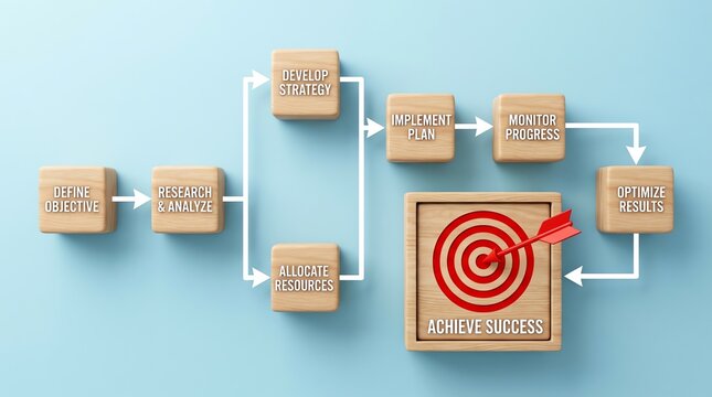 Flowchart with wooden cubes and target showing business strategy process