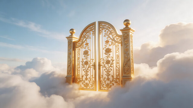 Golden ornate gate in clouds