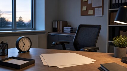 Naklejka premium Deadline Approaching Empty Desk Chair And Clock In Operations Office