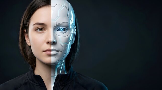 Cyborg, Technology, Concept of artificial intelligence interaction and relationship with human mind, young woman half robotic portrait, copy space