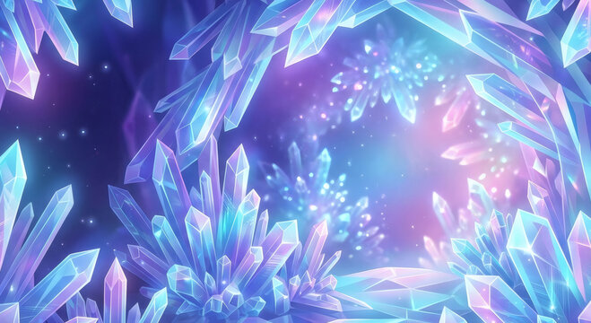 Magical crystal cavern archway with sharp glowing blue gems