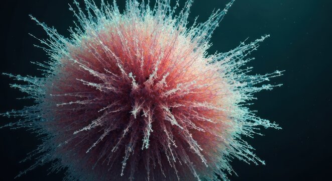 A macro view of a spherical, textured object with radiating light threads against a dark background