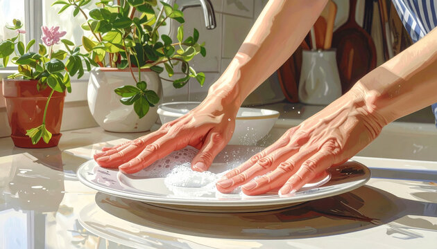 Woman washing dishes kitchen