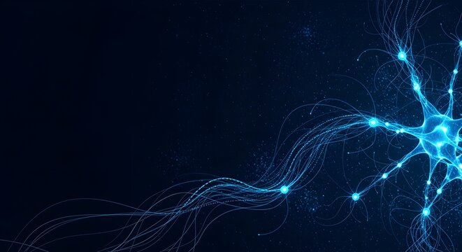 Glowing blue neuron cell with synaptic connections, abstract neural network background, medical illustration of brain activity and nervous system