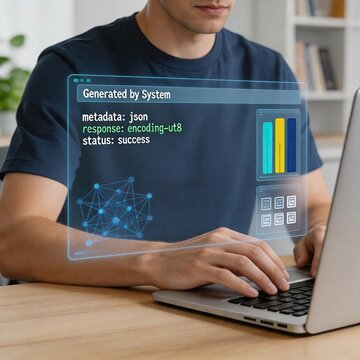 Developer working on laptop with futuristic holographic screen displaying system metadata json response encoding status success, coding programming software development