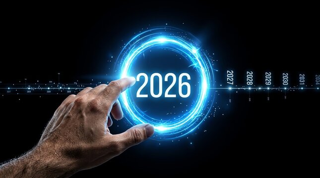 Hand Pointing to Year 2026 on Glowing Futuristic Digital Timeline Screen