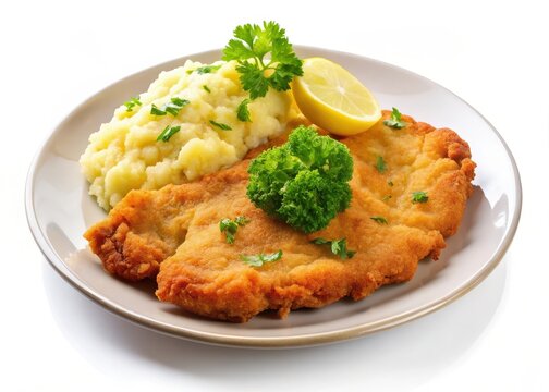 Wiener schnitzel on a plate with mashed potatoes