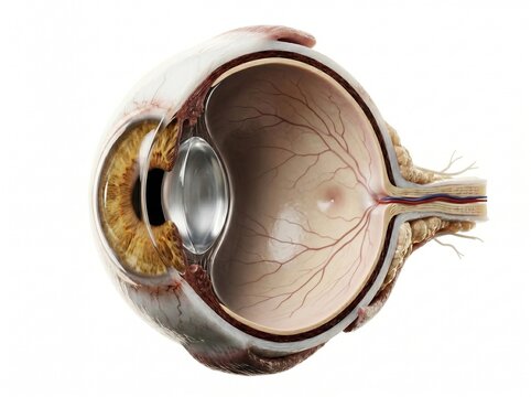 Richly detailed human eye sagittal cross-section 3d render isolated white showing eye cross section, cornea and iris. Completely label-free and commercially clean. Shows cataract anatomy concept.