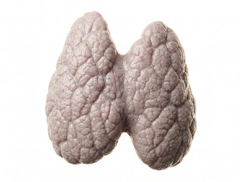 Precise human thymus gland anterior view 3d render isolated white featuring human thymus, thymus anatomy and thymic lobes, premium 4K render with lifelike surface texture and completely clean output.