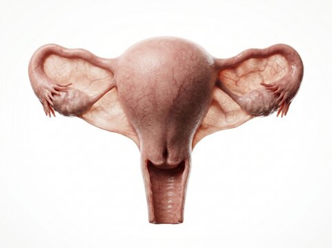 Anatomically exact human uterus fallopian tubes anterior view 3d render showing human uterus, uterine anatomy and fallopian tubes. Completely label-free and commercially clean. Plain organ only.