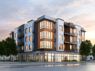 Fototapeta premium Modern Multi-Story Apartment Building with Ground-Floor Retail at Golden Hour