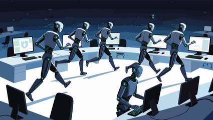 Obraz premium Robots running in a futuristic office with computers and glowing screens robots.