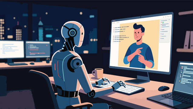 Robot working on computer in office at night coding and ai development.