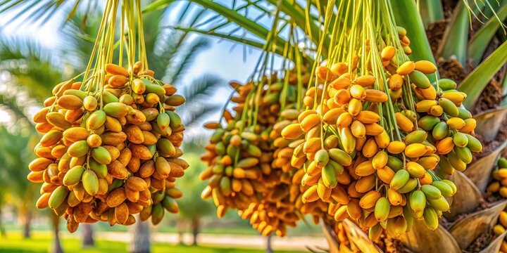 Date palm fruit cluster on tree in plantation