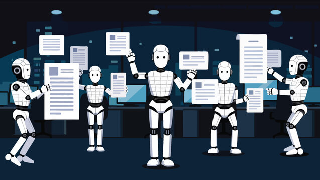 Robots in an office sorting and holding documents ai data processing.