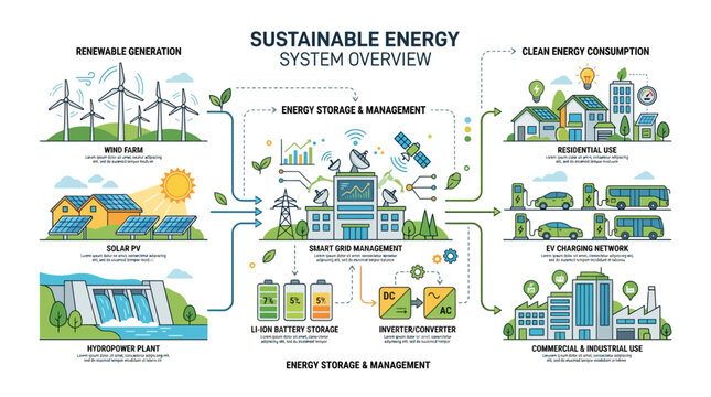 Sustainable renewable energy system infographic detailing wind solar hydro power smart grid and consumption cycles
