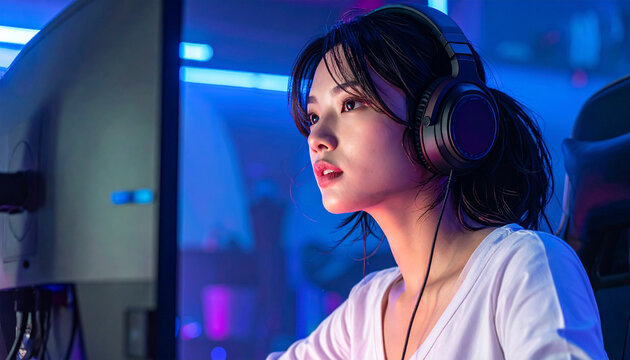 Woman wearing headset