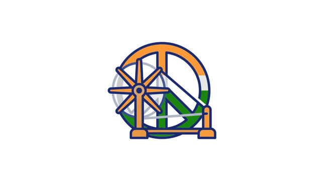 Gandhi's Charkha Wheel Spinning Wheel with Indian Flag Colors and Peace Symbol