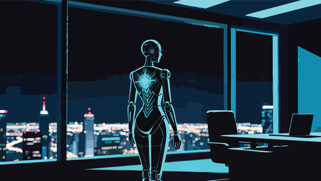 Female robot with glowing blue circuitry on its back looking out an office window at night.