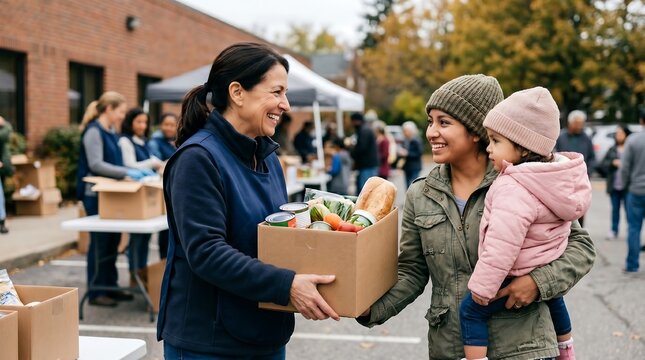A smiling volunteer hands a box of food to a mother holding her young child at an outdoor community food bank distribution event.