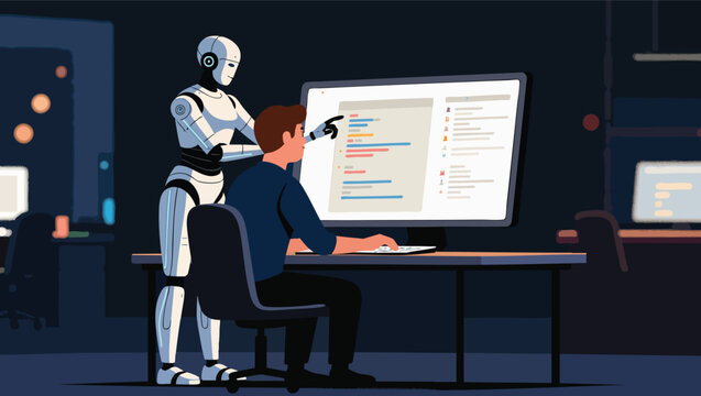 Robot assisting human programmer at computer with code on screen.