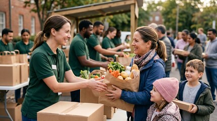 Obraz premium Volunteers distribute groceries and food items to families and individuals at an outdoor community food bank event.