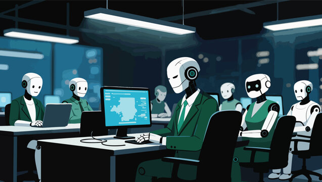 Robots in green suits using computers in a brightly lit office space.