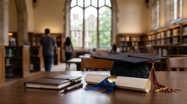 Graduation hat and diploma scroll on wooden table in university library hall, academic success concept, higher education degree certificate with books and pen