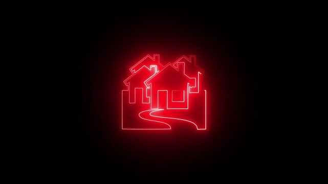 Neon line home icon. Neon line Cool linear animated home icon. House icon glowing neon light on black background.Glowing neon line symbol home icon animation