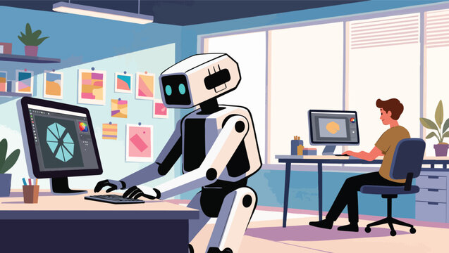 Black and white robot using a computer with software in an office with a male colleague.