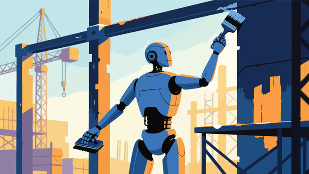 Blue robot painting a structure with brush and scraper.