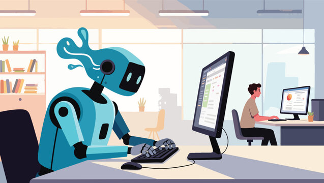 Blue robot with liquid head working on computer in modern office with human colleague.