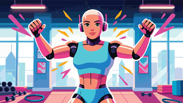 Female cyborg flexing muscles in a gym with bright lights.