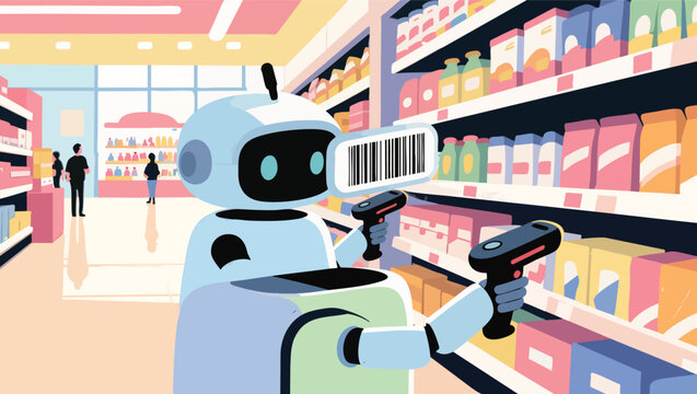 Friendly robot with barcode scanner and two handheld scanners in a colorful supermarket aisle.