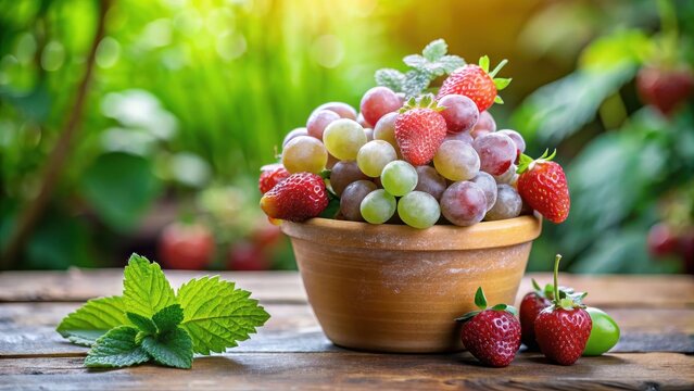 Delicate grape and strawberry arrangement in a small terracotta pot