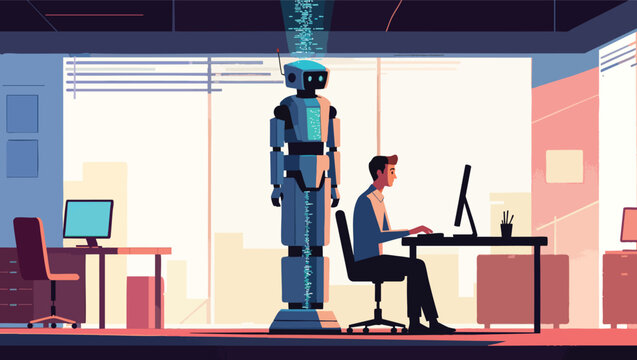 Robot standing beside man working on computer in office with data stream robot.