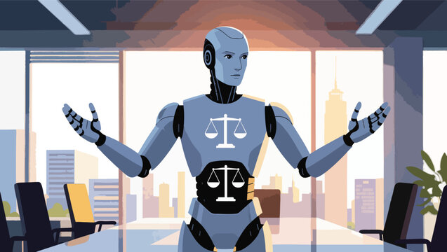 Robot with scales of justice symbol in modern office meeting room robot.