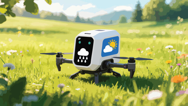 Advanced drone with weather on screen in a grassy field.