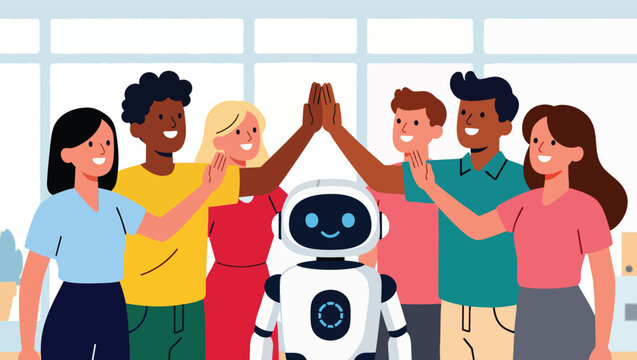 Diverse group of people and a friendly robot giving a five in an office.