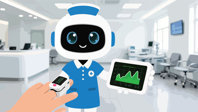 Robot nurse holds tablet showing graph finger with pulse oximeter in foreground.