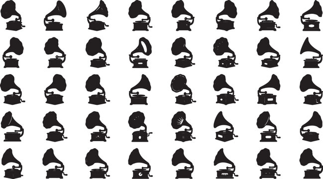 black gramophone silhouettes on white background