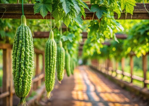 Bitter gourd vines hanging from an organic farm's trellis with lush green leaves and stems surrounded by a blurred rustic farm background