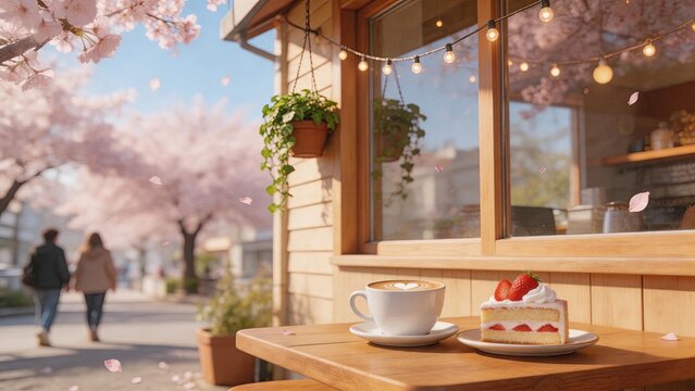 Delicious strawberry cake and hot coffee on wooden table at outdoor cafe terrace, blooming pink cherry blossom trees in background, peaceful spring morning atmosphere
