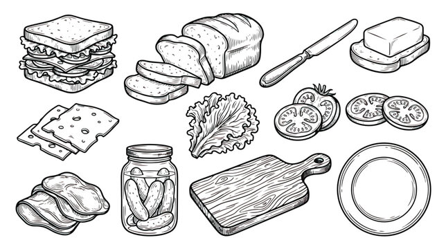 Vintage hand drawn sandwich ingredients set, black and white food illustrations, rustic deli bread and vegetable vector elements for menu design