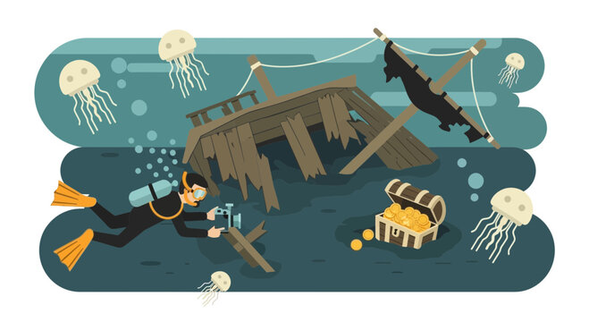 Scuba diver exploring shipwreck with treasure chest